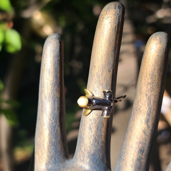 Opal & Sapphire Hammerhead 🦈 Shark Sterling Rhodium &gold ring sz8.5 adjustable - Picture 3 of 5